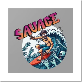 Surf big wild wave. zombie attack Posters and Art